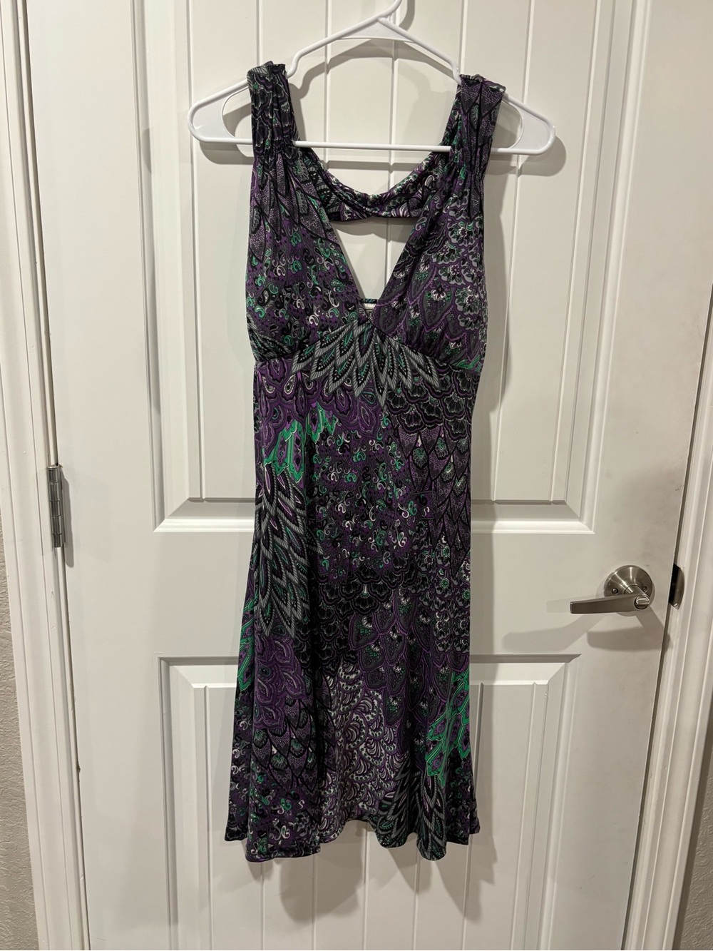 Koko Breeze Purple Peacock Paisley Plunge Neck Cutout Back Midi Dress Size XL
